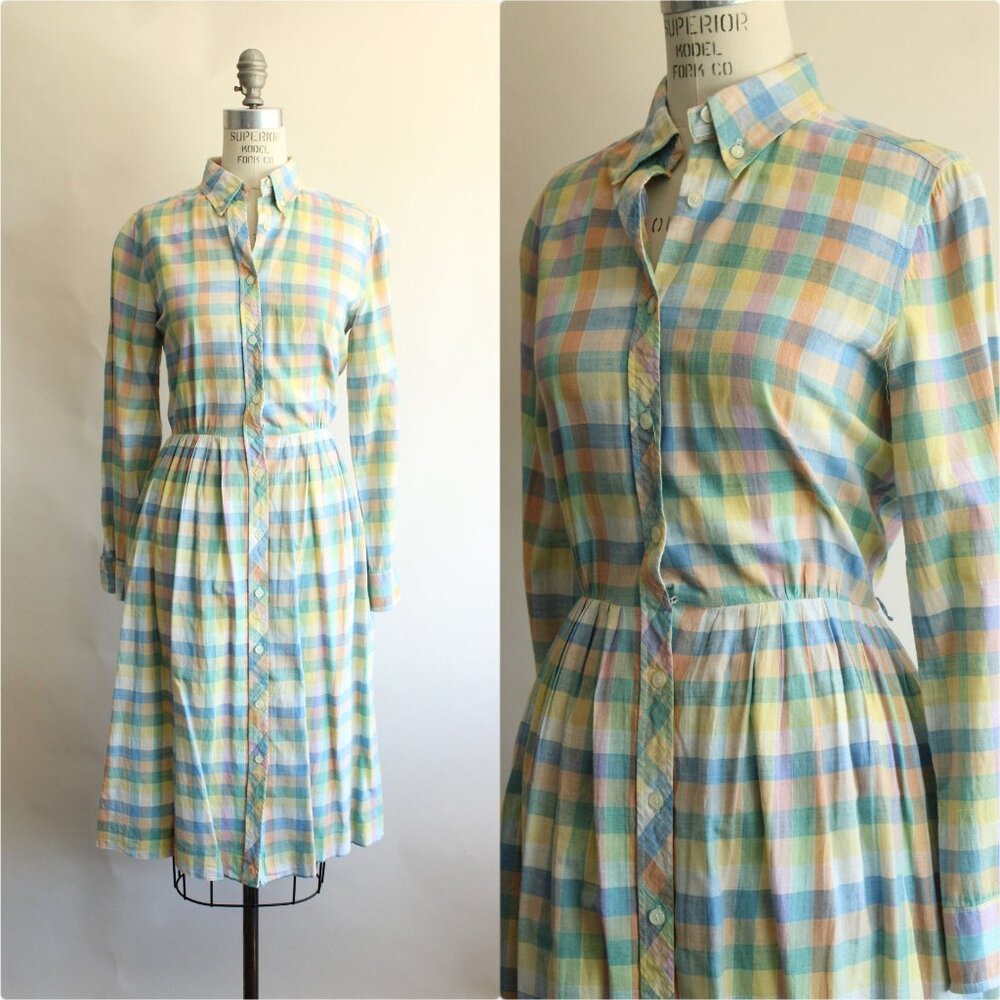 Vintage 1970s 1980s Dress with Pockets, Parade Pastel Plaid Shirtwaist,